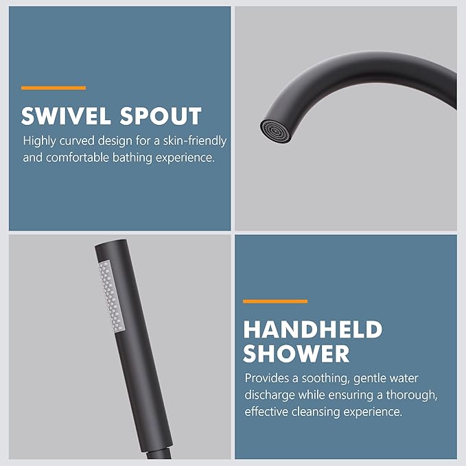 Floor Mount Bathtub Faucet Freestanding Tub Filler Standing High Flow Shower Faucets Shower Mixer Taps, Swivel Gooseneck Spout with Cylinder Handheld Matte Black