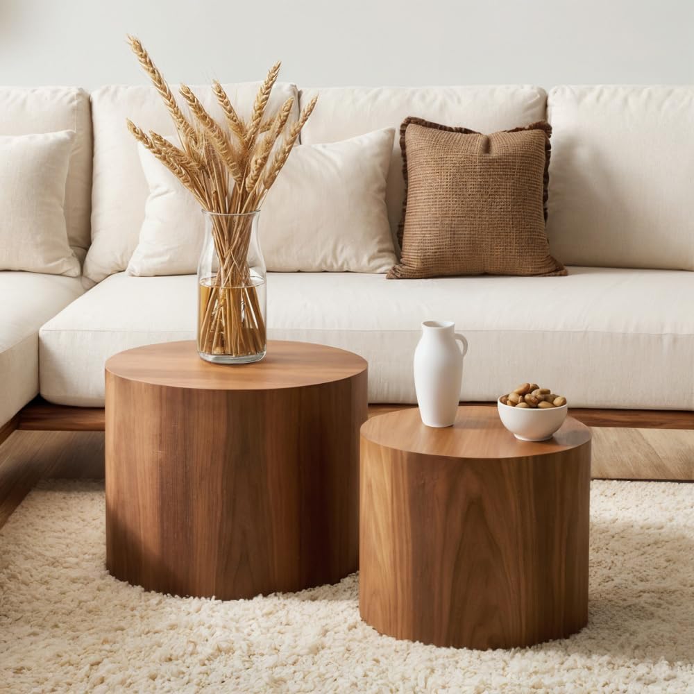 Nesting Coffee Table Set of 2, Modern Round Coffee Table with Non-Slip Feet, Walnut Wooden Circle Accent Tables