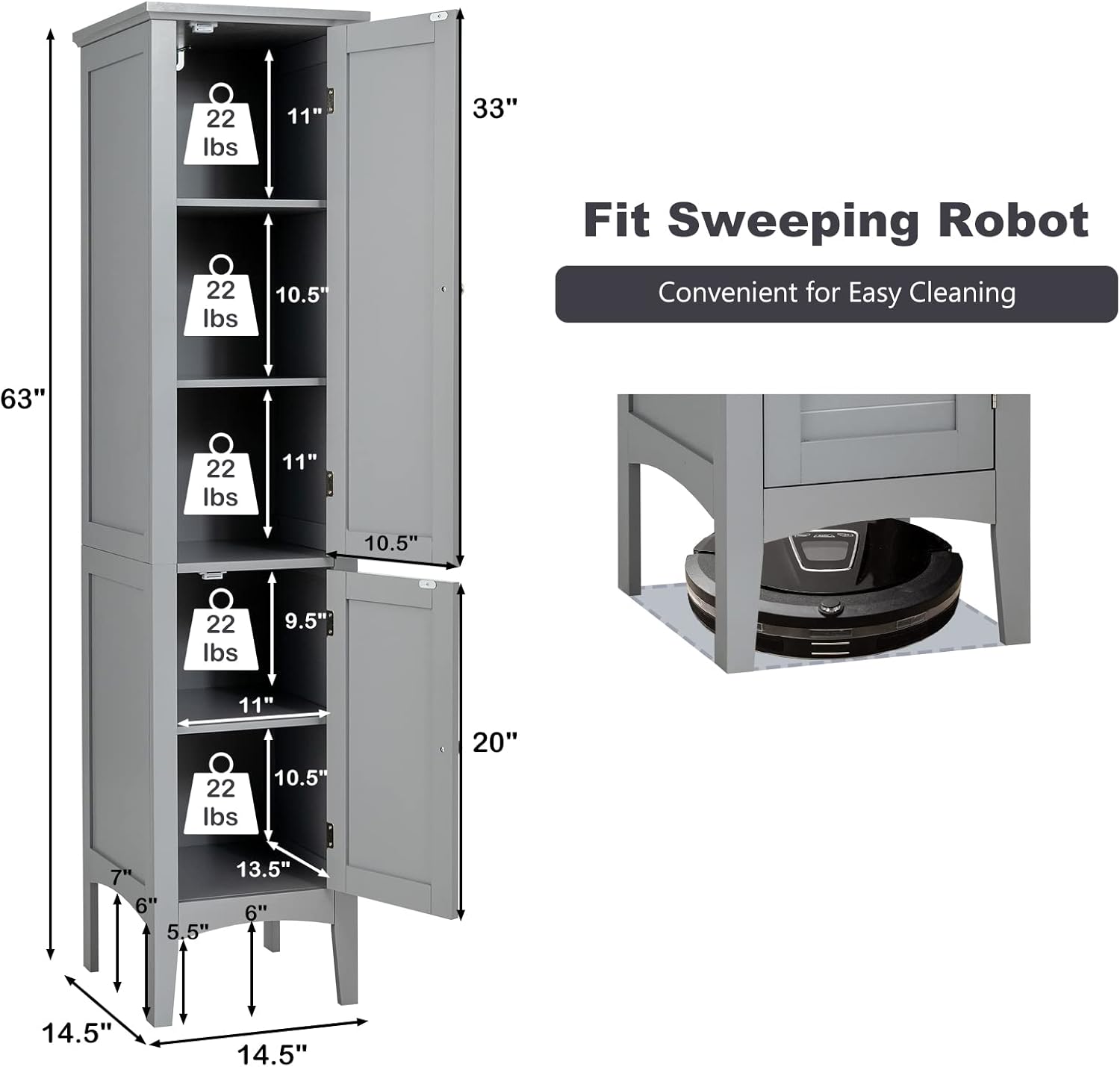 Tall Bathroom Storage Cabinet, 5-Tier Wooden Freestanding Tower Cabinet Floor Organizer