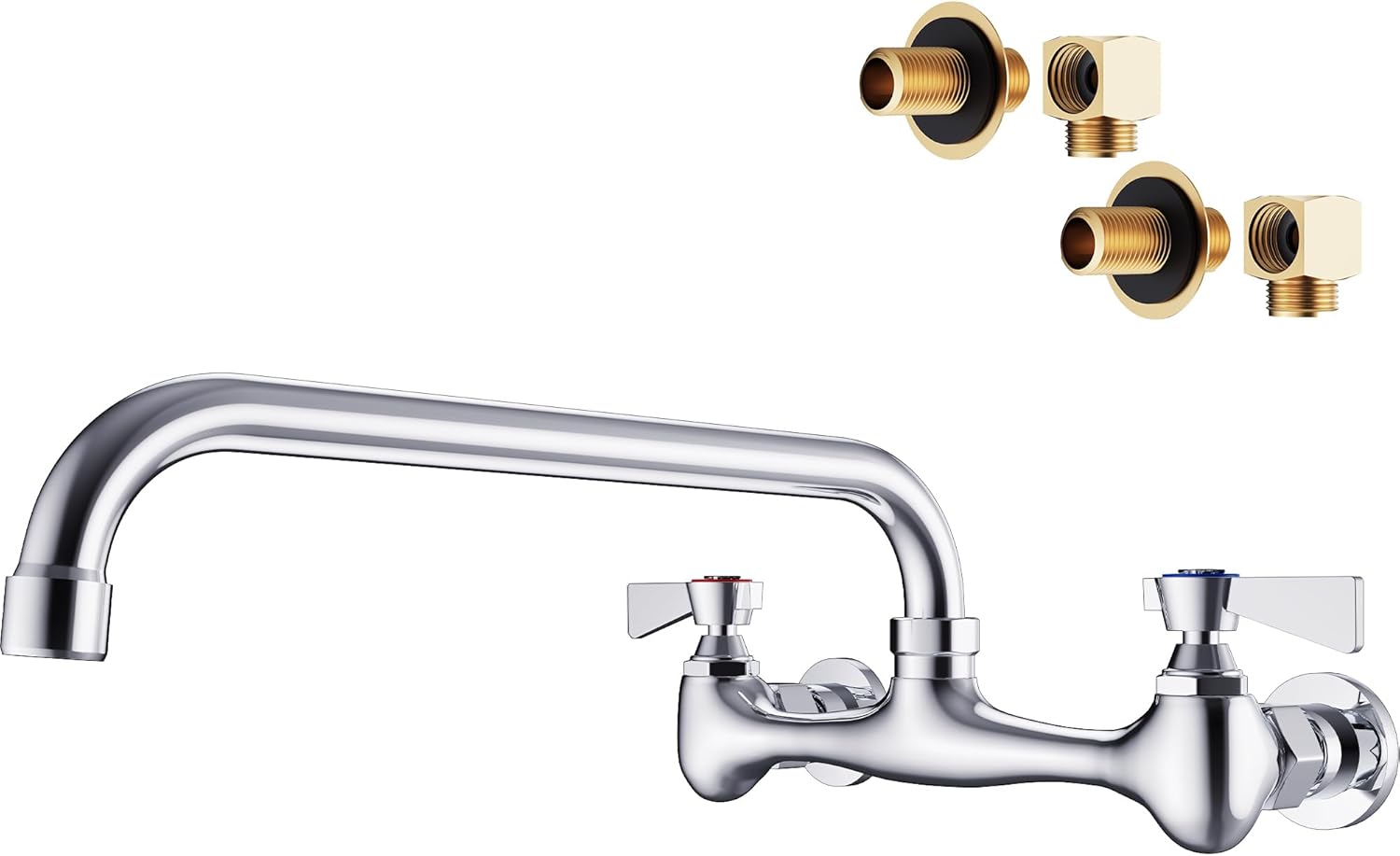 Wall Mount Commercial Sink Faucet with 12” Swivel Spout Polish Chrome Brass Utility Sink Faucet for Kitchen Laundry Restaurant Industrial Compartment Sink（Include 90 Degree Adapters）