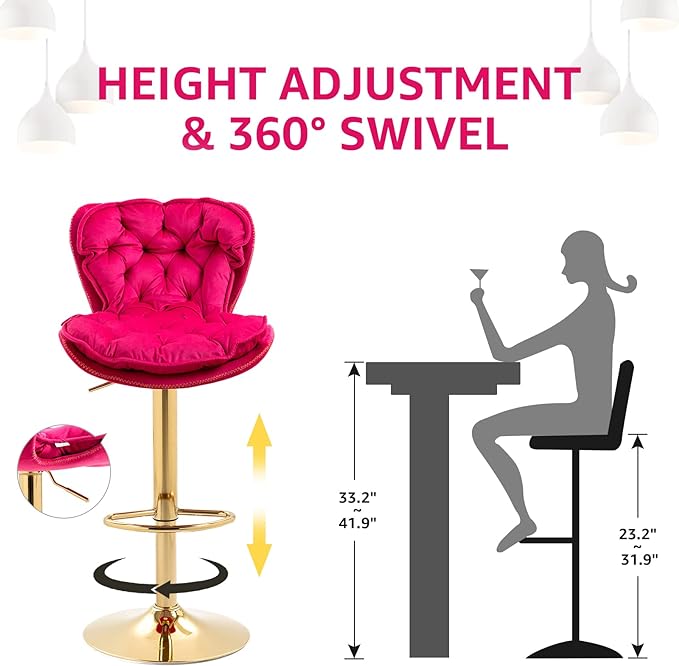 Velvet 360°Swivel Bar Stools Set of 2, Adjustable Bar Chair with Armless Design Tufted Backrest and Metal Gold Legs Dining Chairs Counter Stools for Dining Room, Island, Pub, Bar (Rose Red)