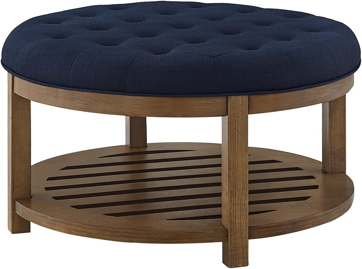 Large Round Upholstered Tufted Linen Ottoman Coffee Table