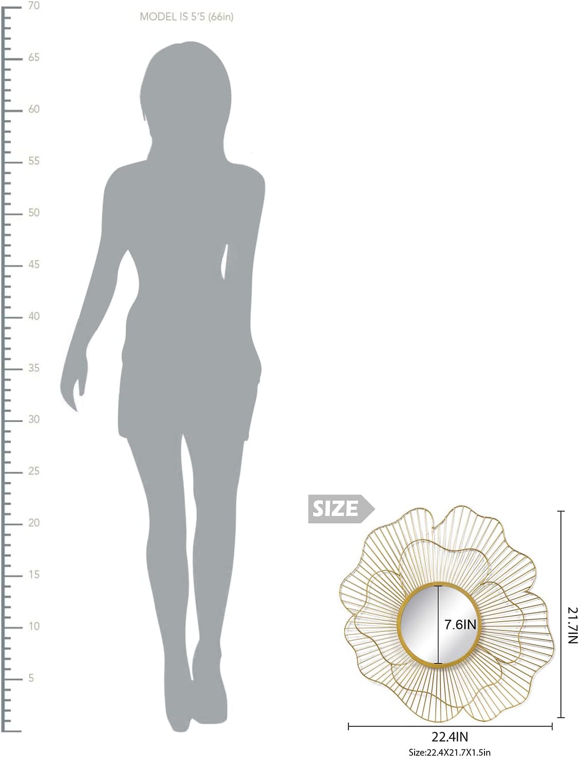 22.4" Gold Metal Vintage Flower Modern Luxurious Hanging Wall Mirror, Decorative Wall Decor