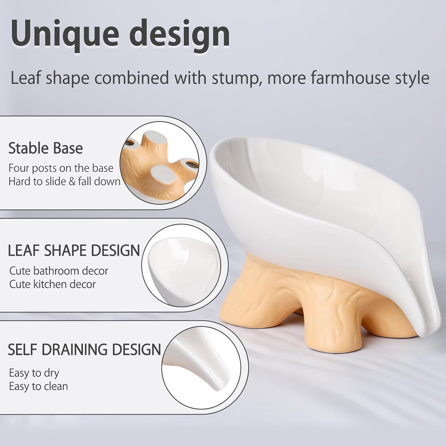 Soap Holder Self Draining Leaf Shape Soap Dishes, Ceramic Draining Soap Dish for Bathroom Shower, White Farmhouse Soap Holder with Stump