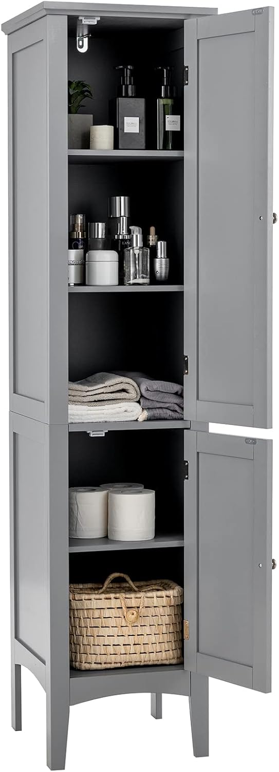 Tall Bathroom Storage Cabinet, 5-Tier Wooden Freestanding Tower Cabinet Floor Organizer