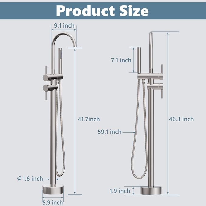 Floor Mount Bathtub Faucet Freestanding Tub Filler Standing High Flow Shower Faucets Shower Mixer Taps, Swivel Gooseneck Spout with Cylinder Handheld