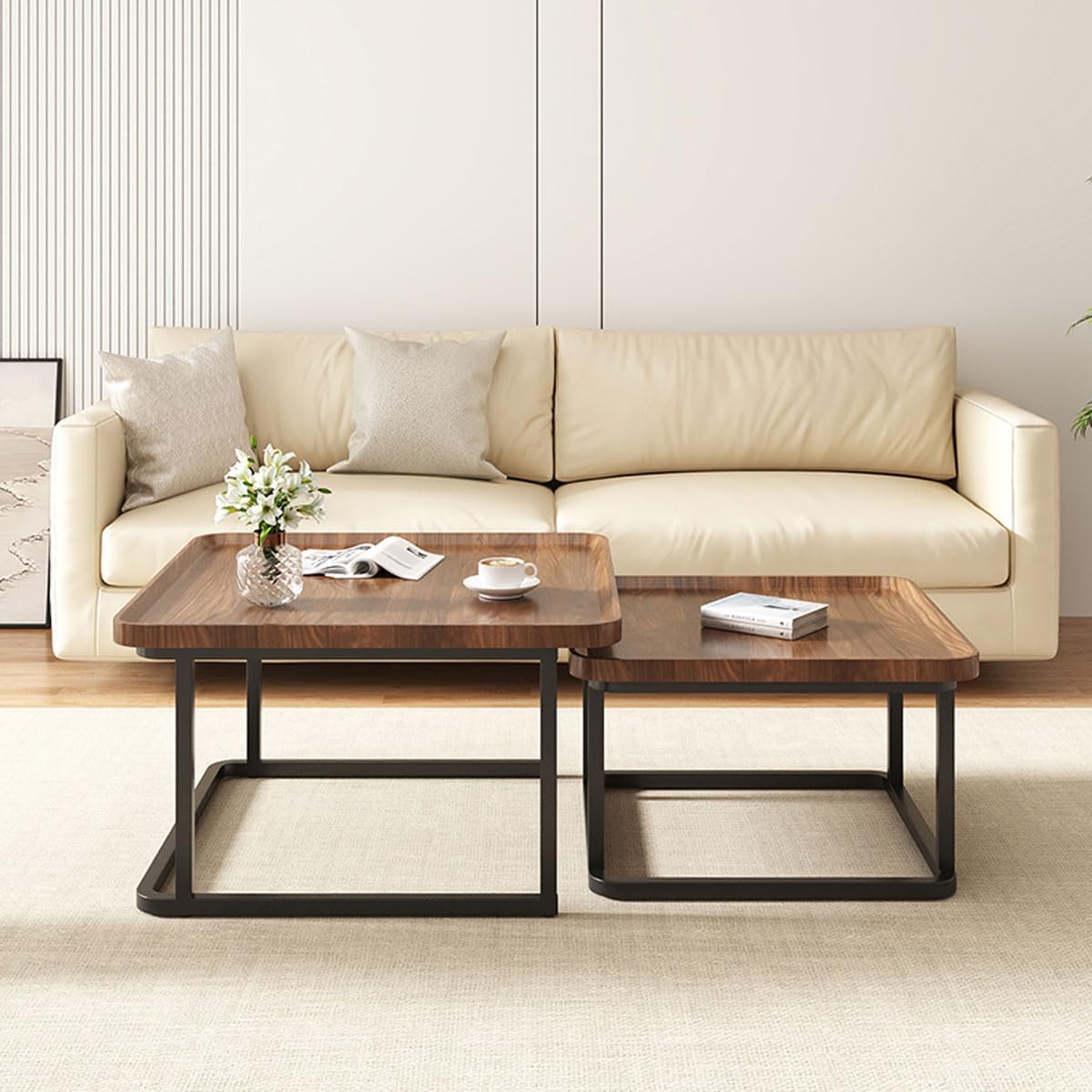 Nesting Coffee Table Set of 2, 23.6"+19.7" Square Stacking Side Table