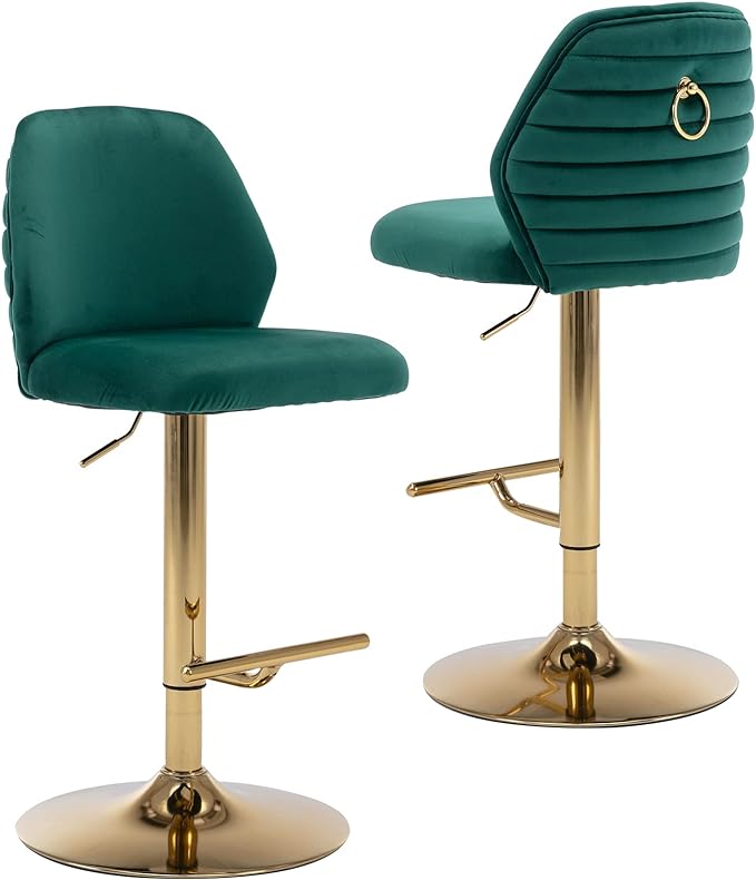 Modern Velvet Bar Stools Set of 2, Swivel Barstools with Golden Legs, Back Ring Design, Kitchen Island Chairs, Counter Height Stool for Home Bar, Kitchen Island,Pub, Cafe (Green)