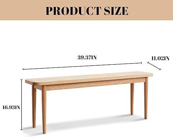 Wood Dining Bench,100% Natural Solid Oak Bed Bench with Rattan Design, Rounded Edge, Bench for Entryway Hall, Dining Room,Bedroom, Living Room (Natural Color, 39.37 inch)