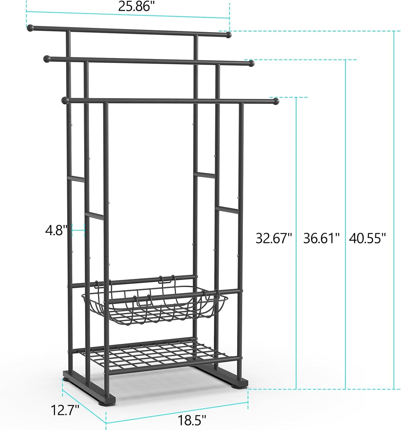 3 Tier Freestanding Towel Rack for Bathroom, 40" Tall Floor Standing Towel Racks with Storage Basket and Shelf