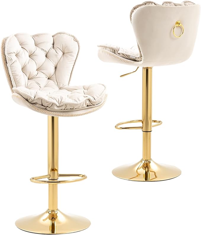 Velvet 360°Swivel Bar Stools Set of 2, Adjustable Bar Chair with Armless Design Tufted Backrest and Metal Gold Legs Dining Chairs Counter Stools for Dining Room, Island, Pub, Bar (Ivory)