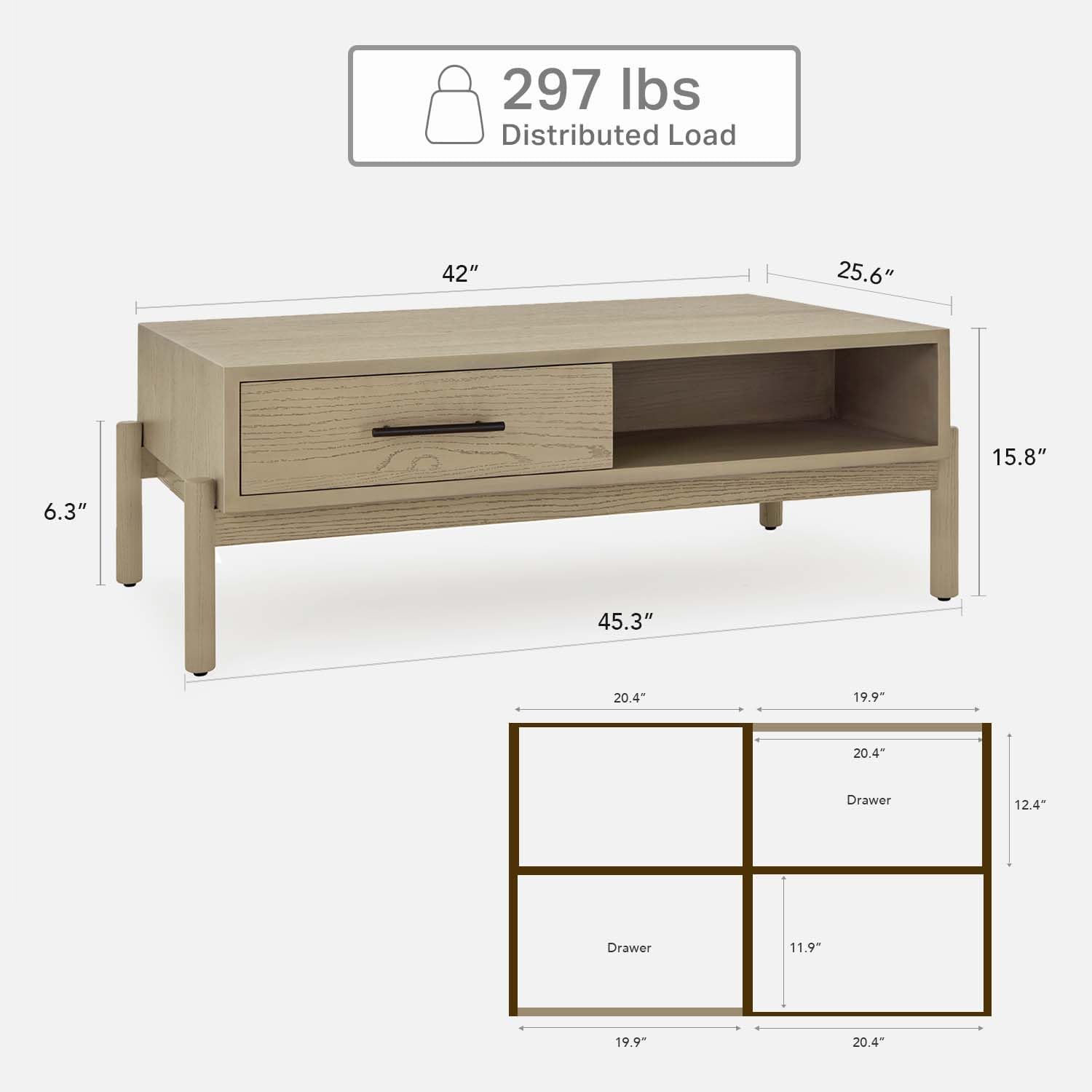 Solid Wood Rectangle Coffee Table for Living Room - Mid Century Modern Center Table with Storage