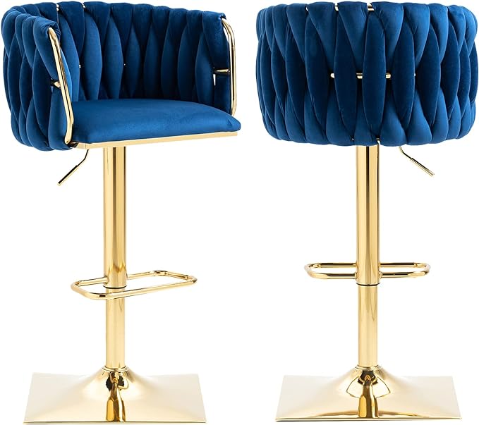Bar Stools Set of 2 with 360° Swivel Hand Woven Backrest Design Upholstered Adjustable Counter Velvet Bar Stool with Golden Bracket Back and Footrest Bar Chair for Kitchen, Pub (Navy)