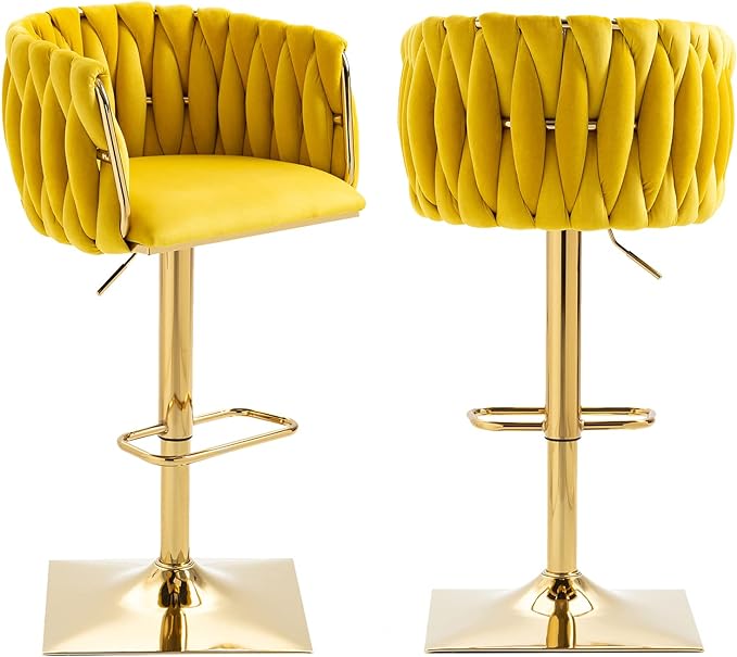 Bar Stools Set of 2 with 360° Swivel Hand Woven Backrest Design Upholstered Adjustable Counter Velvet Bar Stool with Golden Bracket Back and Footrest Bar Chair for Kitchen, Pub (Mustard)