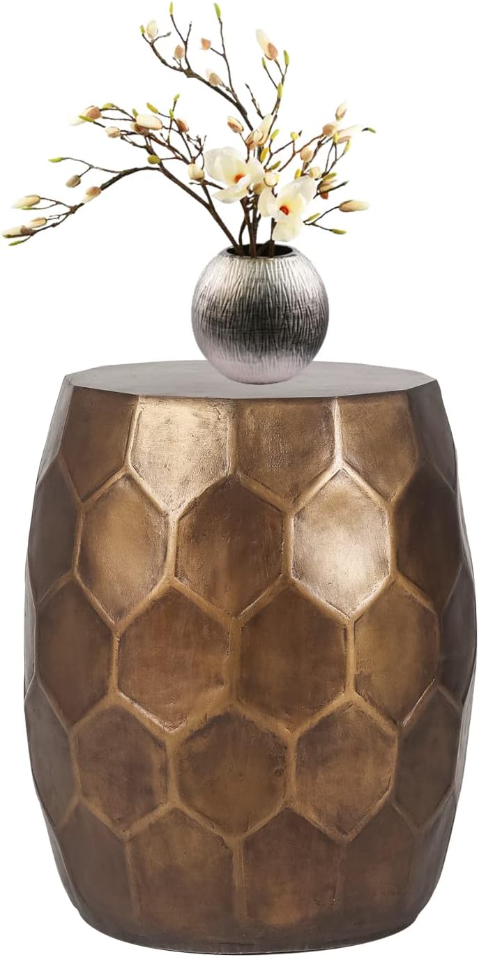 Modern 18" H Round Side Table, Indoor Outdoor Geometric Honeycomb Concrete End Table