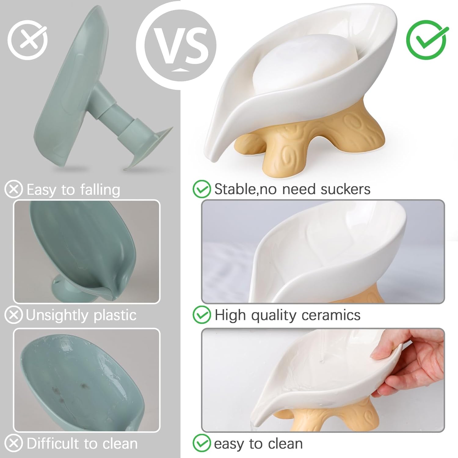 Soap Holder Self Draining Leaf Shape Soap Dishes, Ceramic Draining Soap Dish for Bathroom Shower, White Farmhouse Soap Holder with Stump