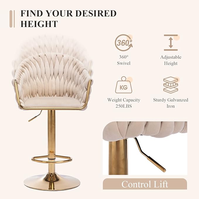 Velvet 360° Swivel Bar Stools with Hand Woven Backrest Design Upholstered Adjustable Counter Bar Stool with Golden Bracket Back and Footrest Bar Chair for Kitchen, Pub (1, Ivory)