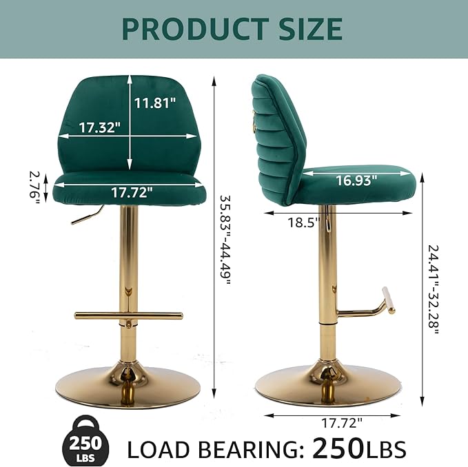 Modern Velvet Bar Stools Set of 2, Swivel Barstools with Golden Legs, Back Ring Design, Kitchen Island Chairs, Counter Height Stool for Home Bar, Kitchen Island,Pub, Cafe (Green)