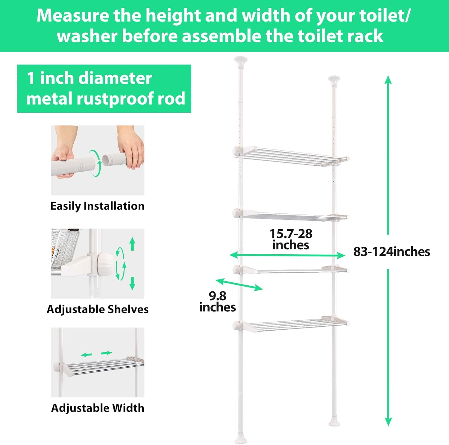Over The Toilet Storage, 83-124 Inch Stainless Steel Bathroom Organizer Adjustable 4-Tier Toilet Rack