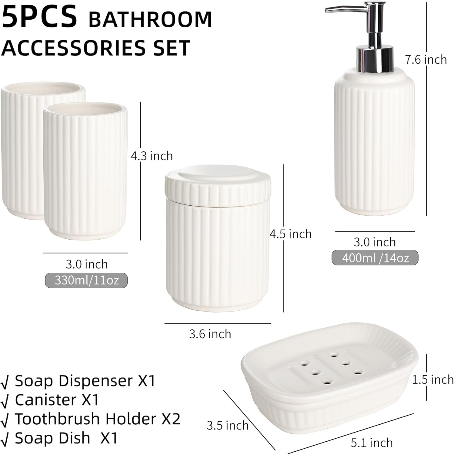 White Bathroom Accessory Set 5PCS, Ceramic Bathroom Accessories Set, Classic Design Bathroom Accessories Sets Complete, Home Apartment Modern Bathroom Decor Vanity Countertop