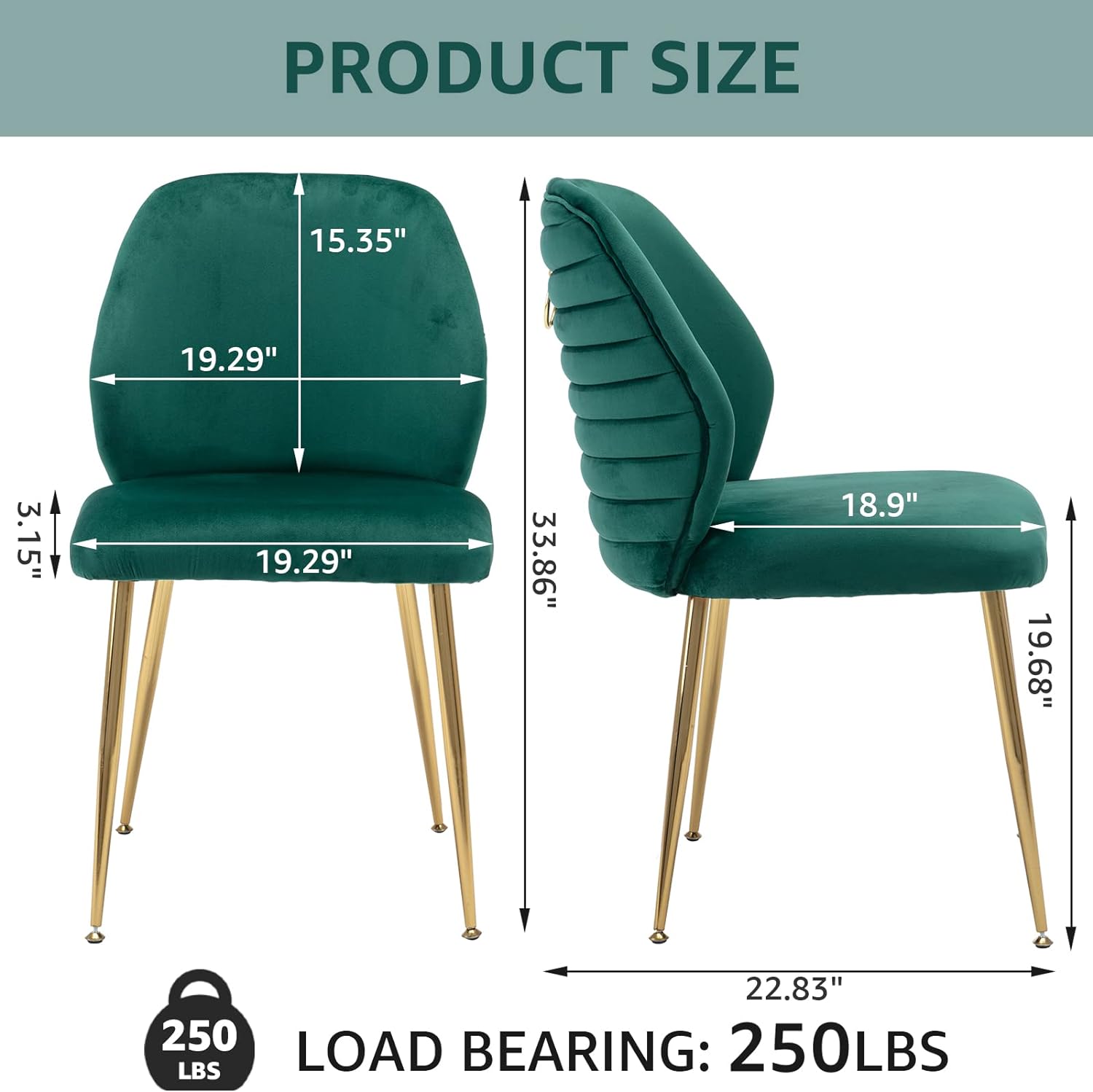 Velvet Dining Chairs Set of 2, Modern Upholstered Accent Chairs, Comfy Tufted Side Chair with Gold Legs and Ring Pull for Kitchen Vanity Living Room Bedrooms (Green)