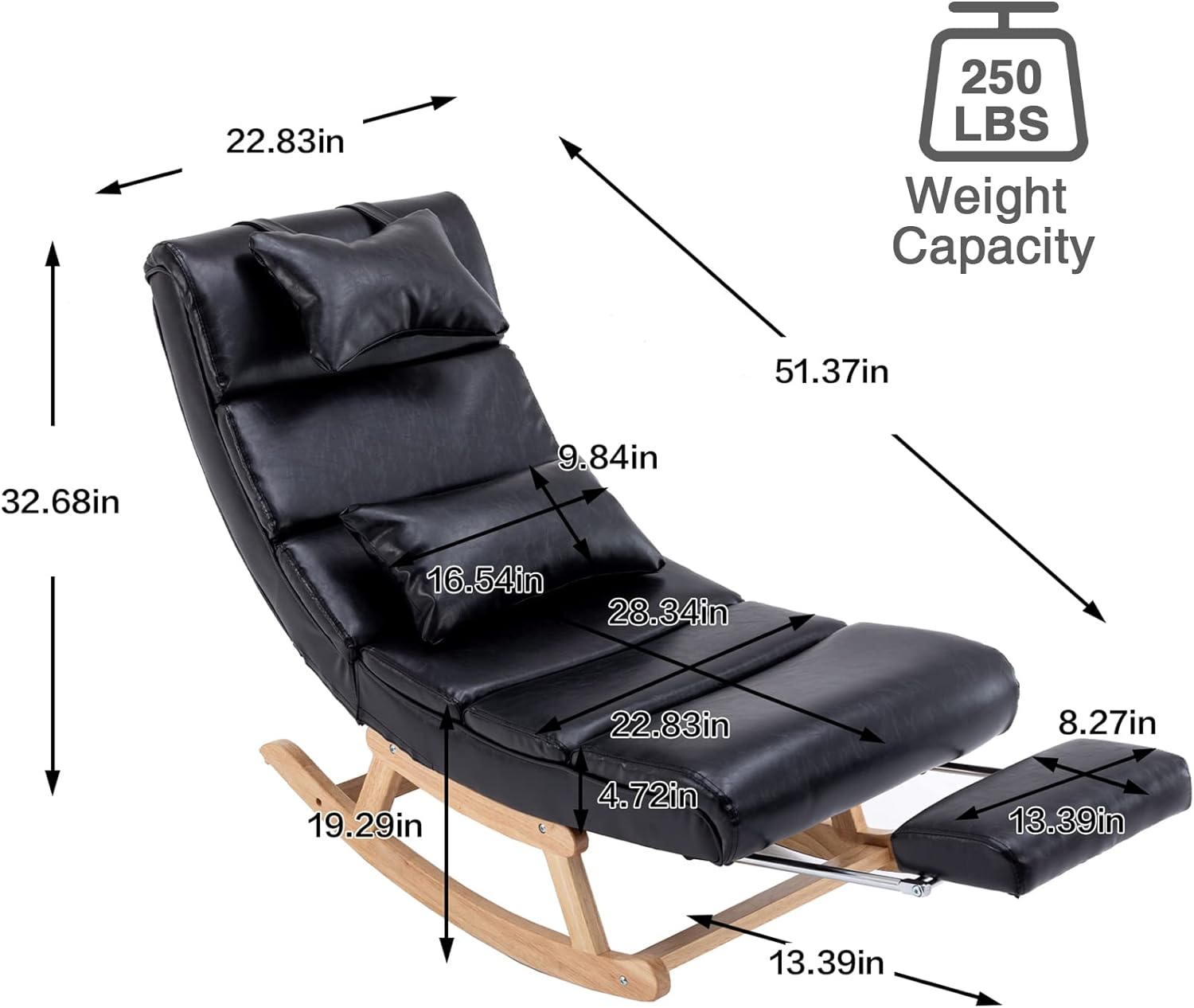 Modern Rocking Lounge Chair, Upholstered Glider Chair for Nursery, Accent Rocker Chair with Large Back & Pull Out Pedal, Lie or Sleep Lazy Chair for Living Room, Bedroom (Black PU)