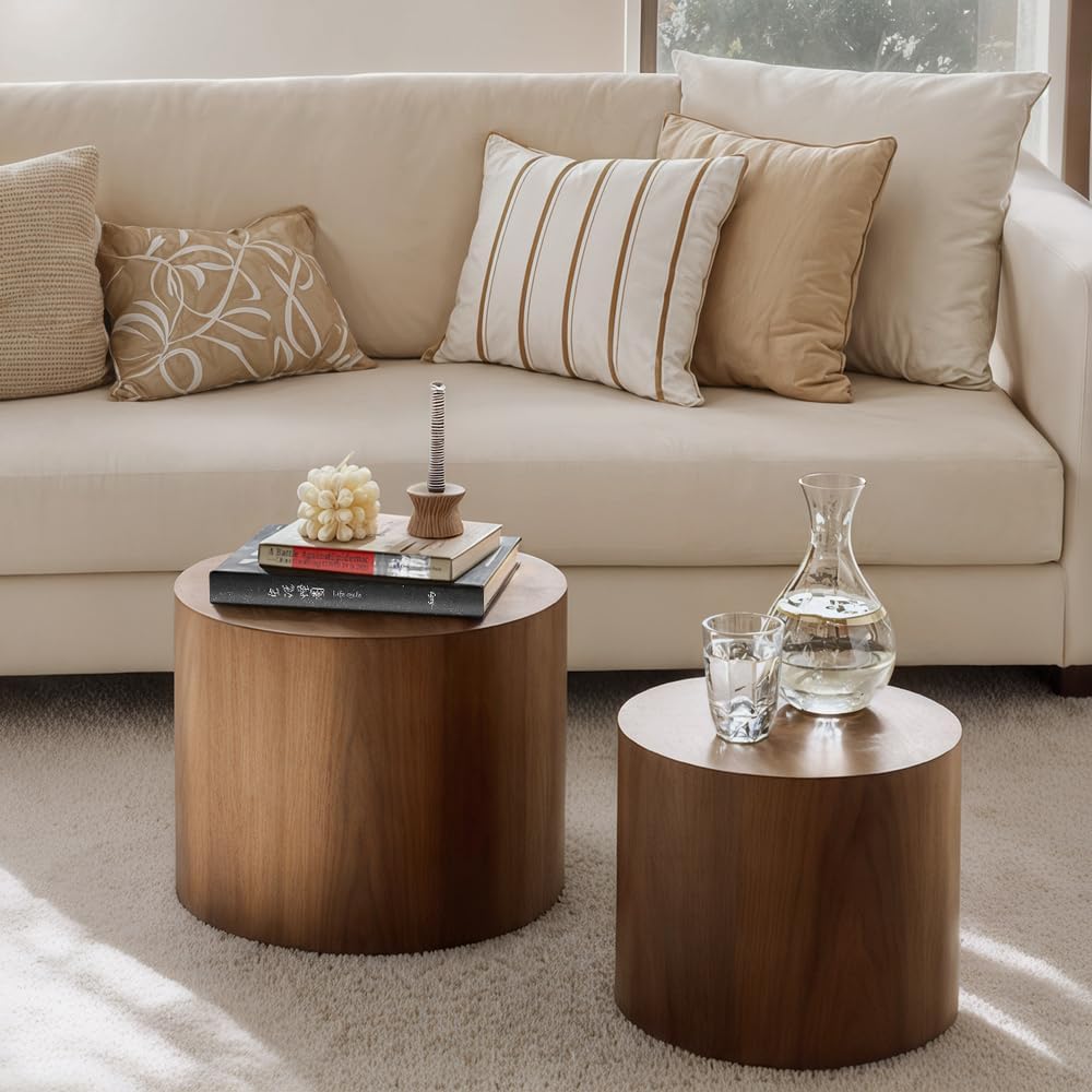 Nesting Coffee Table Set of 2, Modern Round Coffee Table with Non-Slip Feet, Walnut Wooden Circle Accent Tables
