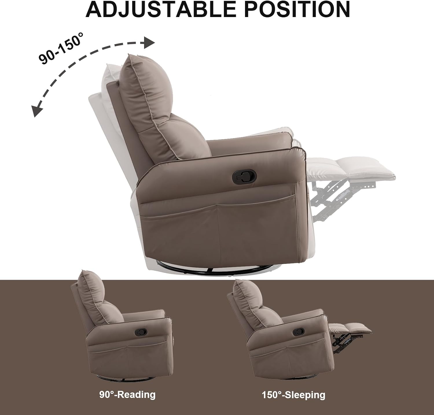 Rocker Recliner Chair, 240 Degree Swivel Nursery Rocking Chair, Glider Chair with Side Pockets and Footrest, Modern Single Sofa Chair for Bedroom, Living Room (Brown)