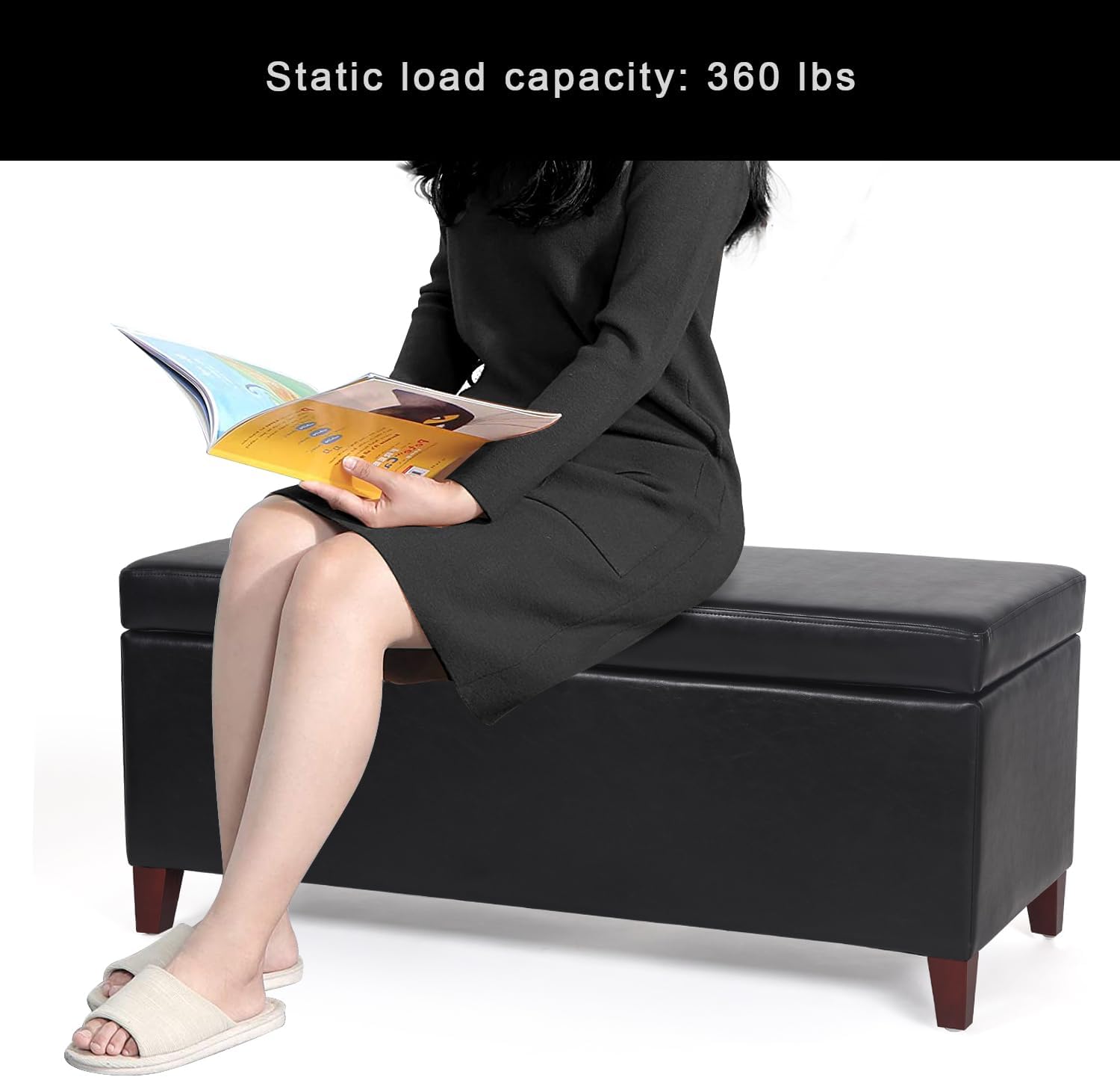 42 Inches Faux Leather Storage Bench with Large Storage Space, Upholstered Rectangular Ottoman