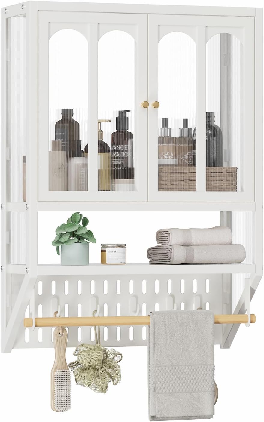 Metal Bathroom Wall Cabinet with Towel Bar & Hooks, Medicine Cabinet for Bathroom, Modern Industrial Wall Cabinet