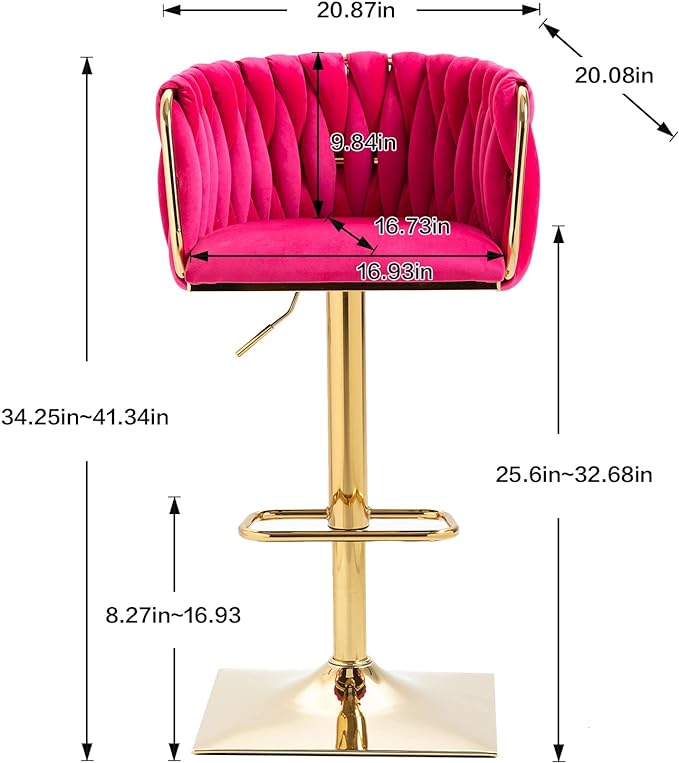 Bar Stools Set of 2 with 360° Swivel Hand Woven Backrest Design Upholstered Adjustable Counter Velvet Bar Stool with Golden Bracket Back and Footrest Bar Chair for Kitchen, Pub (Rose Red)