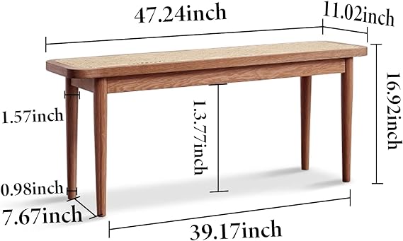 Wood Dining Bench,100% Natural Solid Oak Bed Bench with Rattan Design, Rounded Edge, Bench for Entryway Hall, Dining Room,Bedroom, Living Room (Walnut Color, 47.24 inch)