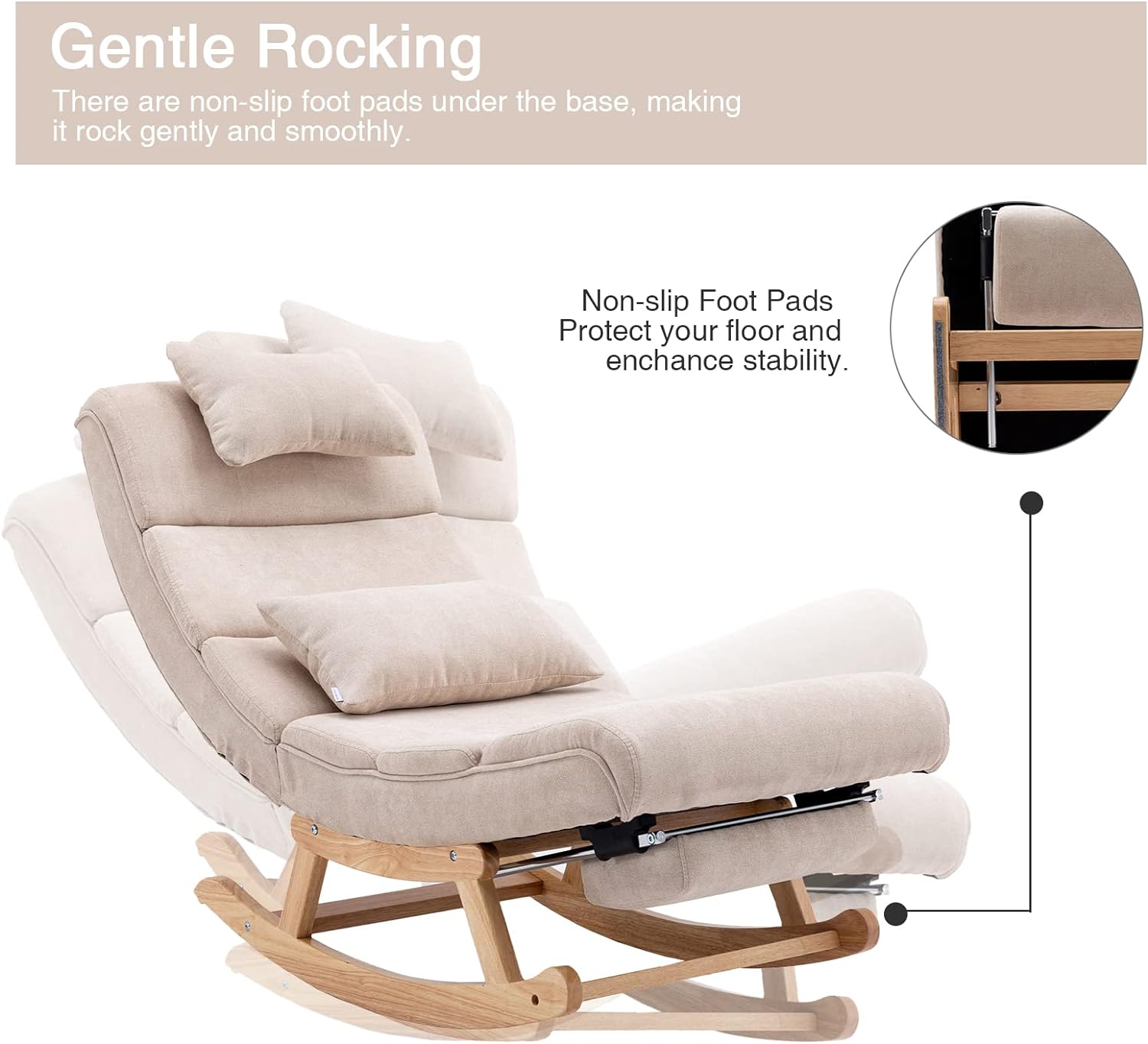 Modern Rocking Lounge Chair, Upholstered Glider Chair for Nursery, Accent Rocker Chair with Large Back & Pull Out Pedal, Lie or Sleep Lazy Chair for Living Room, Bedroom (Beige)