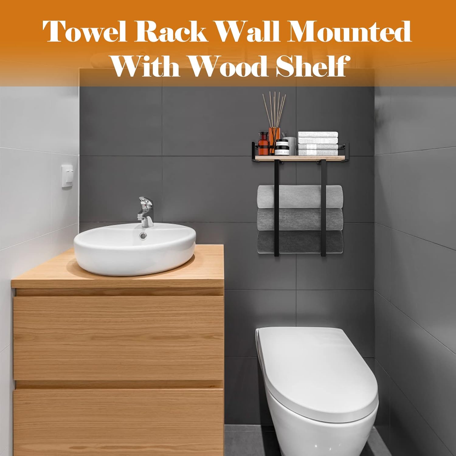 Towel Racks for Bathroom Wall Mounted, Xstydes Metal Towel Holder with Wooden Shelf for Folding Large Towels