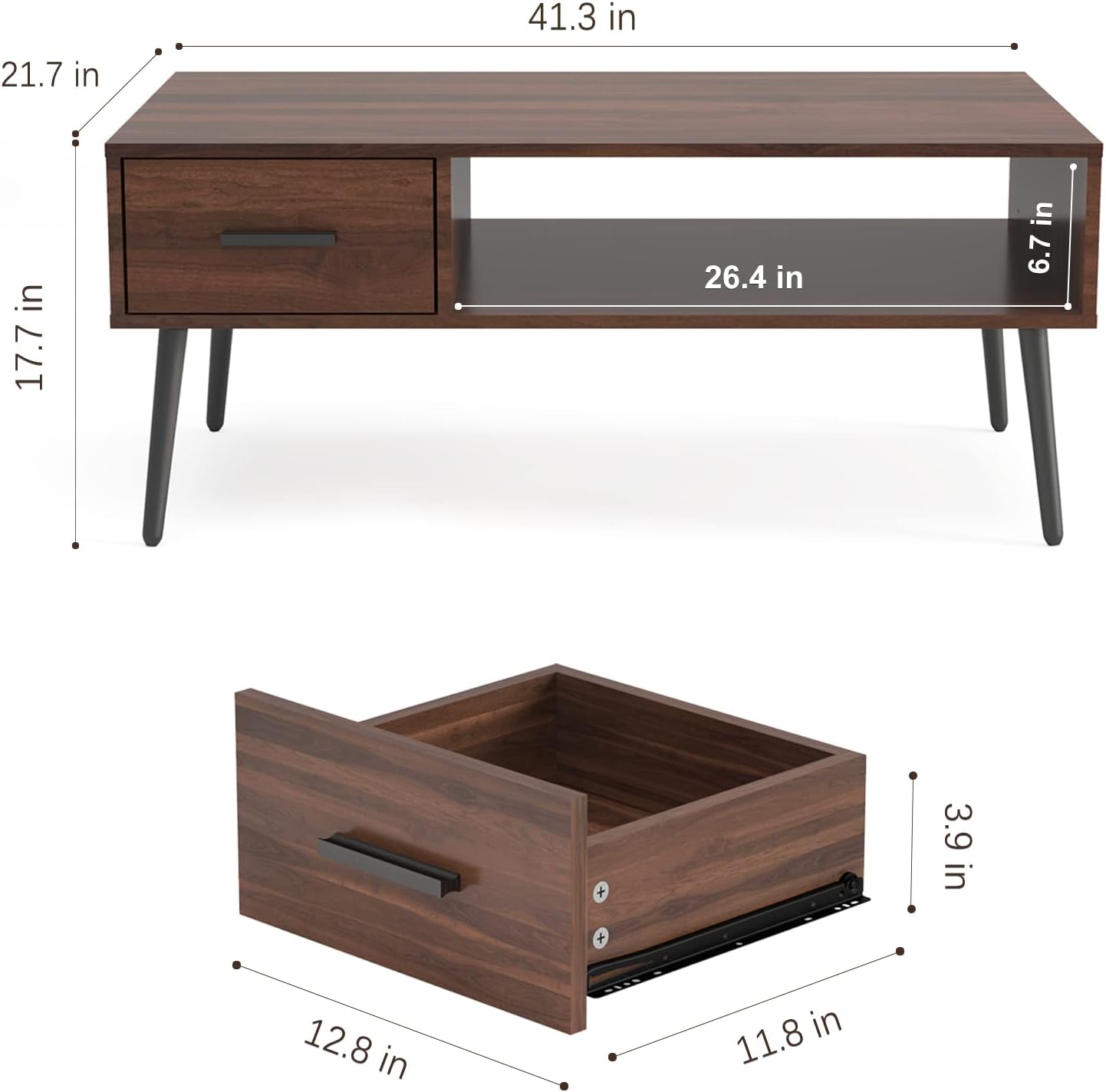 Coffee Table, Mid Century Modern Center Table for Living Room with Storage