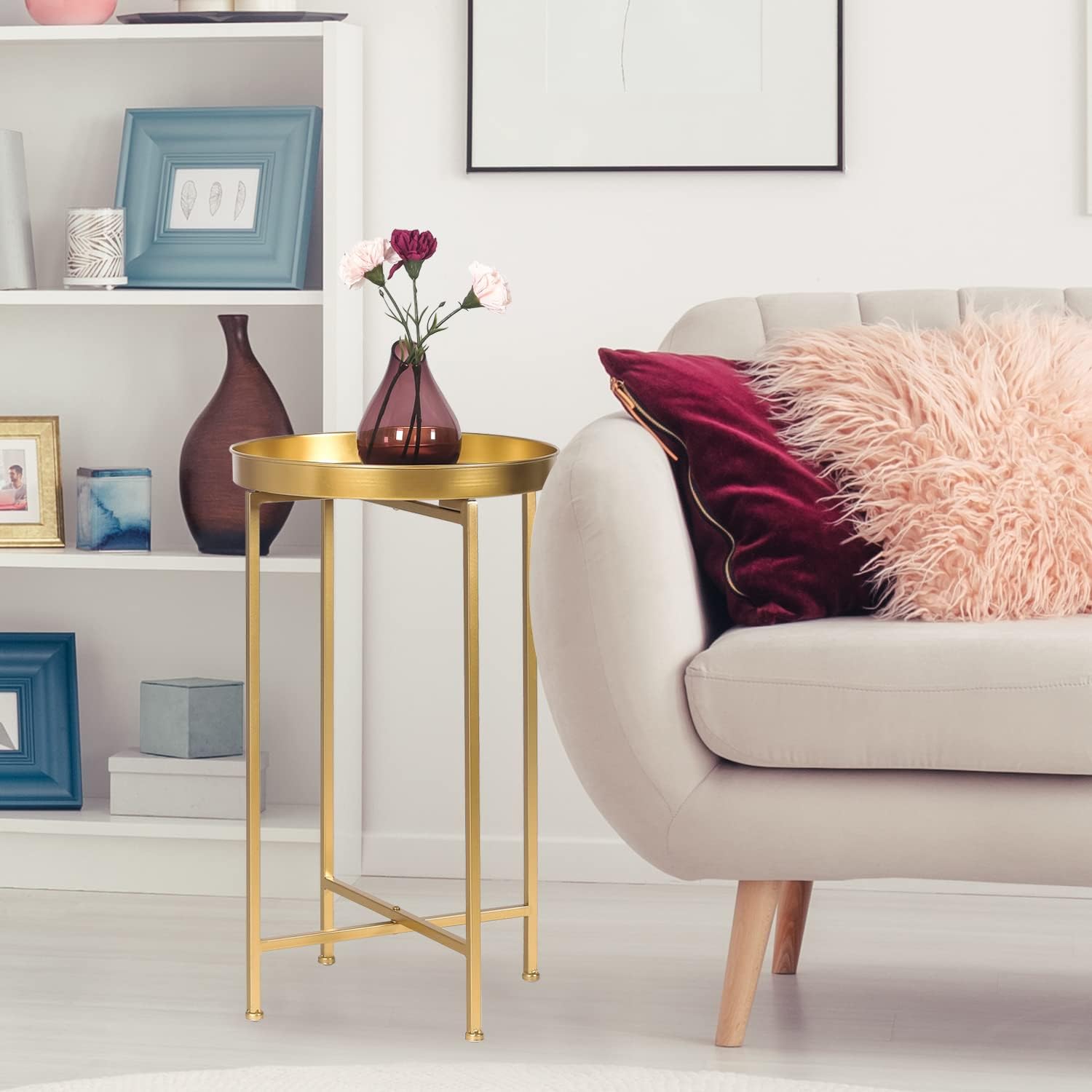 Round End Table Metal Folding Side Table Small Bedside Table Nightstand with Removable Tray Top
