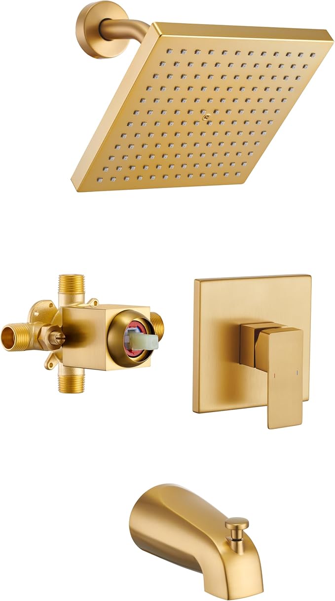 Gold Shower Faucet Set with Valve, Tub and Shower Faucet Combo, Bathtub Faucet Kit with 8-Inch Shower head and Tub Spout