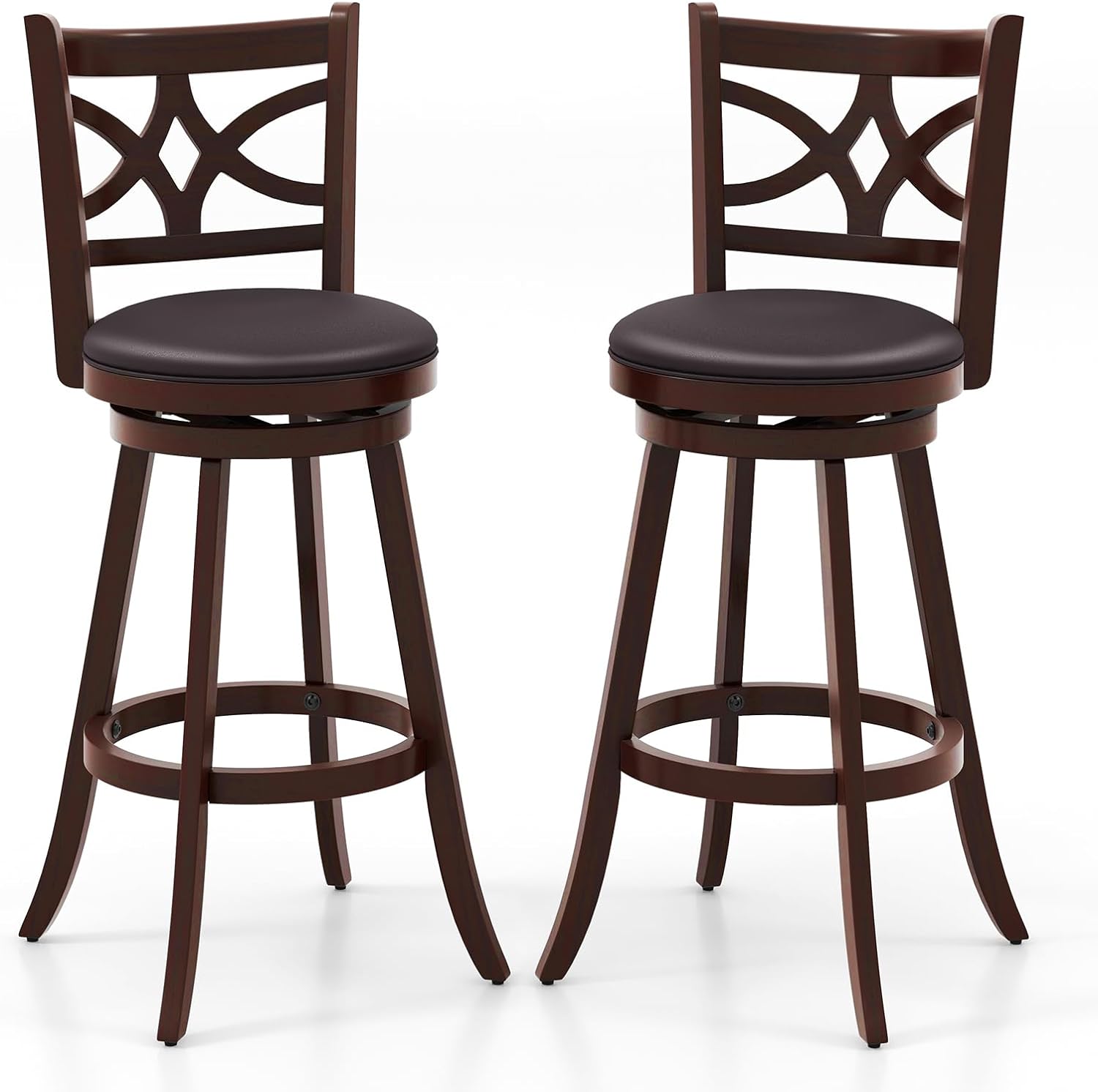 Swivel Bar Stools Set of 2, 30" Bar Height Wooden Stools with Padded Seat, Farmhouse Bar Dining Chairs with Rubber Wood Frame, Upholstered Armless Barstools for Kitchen Island Home Bar