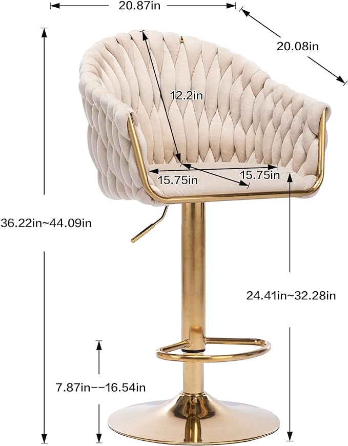 Velvet 360° Swivel Bar Stools with Hand Woven Backrest Design Upholstered Adjustable Counter Bar Stool with Golden Bracket Back and Footrest Bar Chair for Kitchen, Pub (1, Ivory)