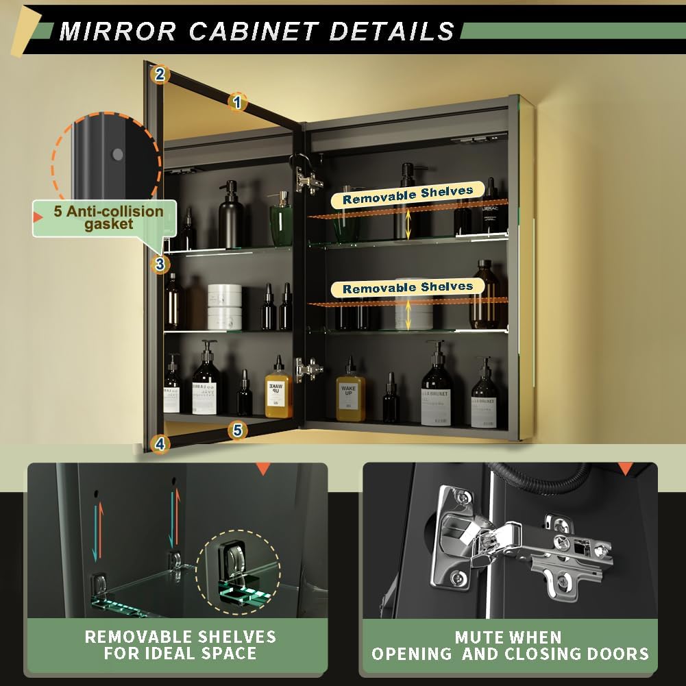 LED Lighted Bathroom Medicine Mirror Cabinet with Sockets & USBs, Anti-Fog Dimmable Light and Color Adjustment