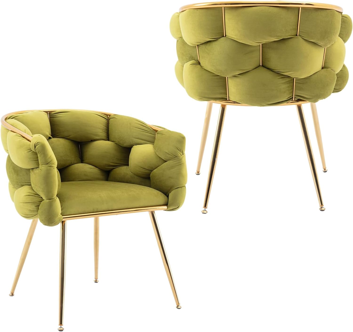 Modern Velvet Dining Chairs Set of 2, Hand Weaving Upholstered Vanity Chairs with Gold Metal Legs, Leisure Single Sofa Armchairs, Comfy Accent Chairs for Living Room (Olive Green)
