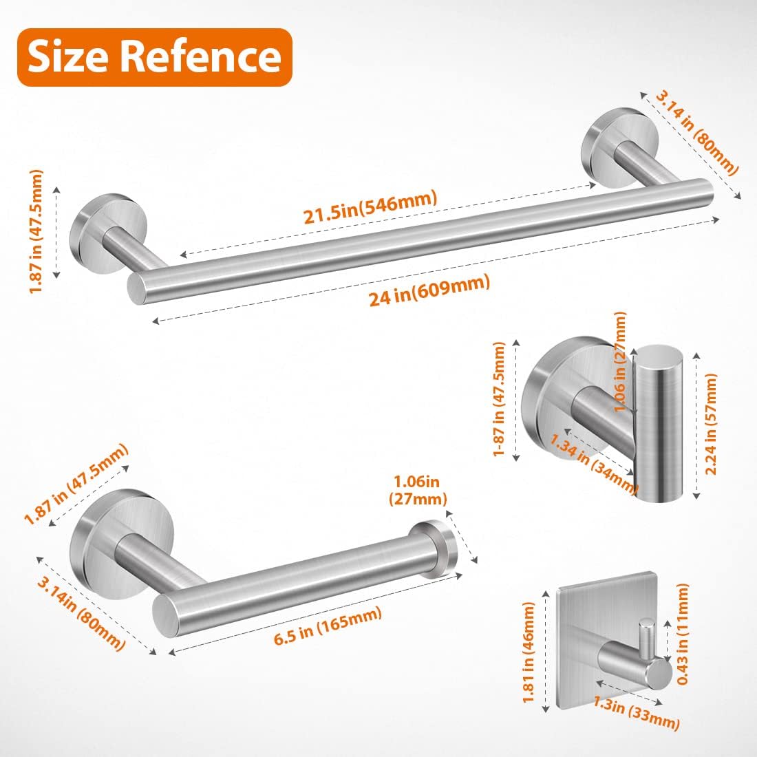 5-Pieces Bathroom Hardware Set Brushed Nickel SUS304 Stainless Steel Round Wall Mounted - Includes 24" Hand Towel Bar