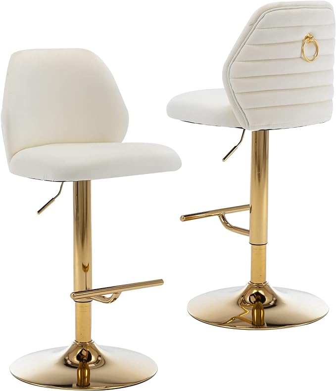Modern Velvet Bar Stools Set of 2, Swivel Barstools with Golden Legs, Back Ring Design, Kitchen Island Chairs, Counter Height Stool for Home Bar, Kitchen Island,Pub, Cafe (Cream)