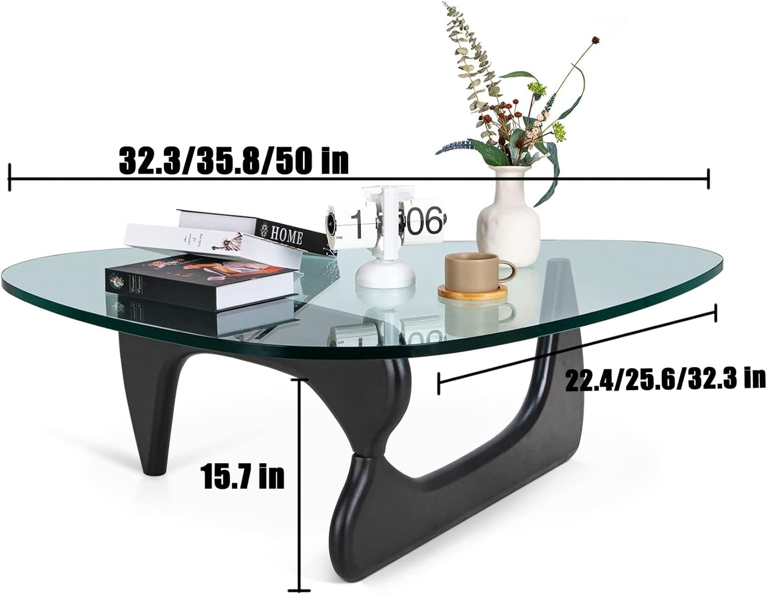 Triangle Coffee Table in Walnut Mid Century Modern Solid Wood Base and Triangle Clear Glass Coffee Table