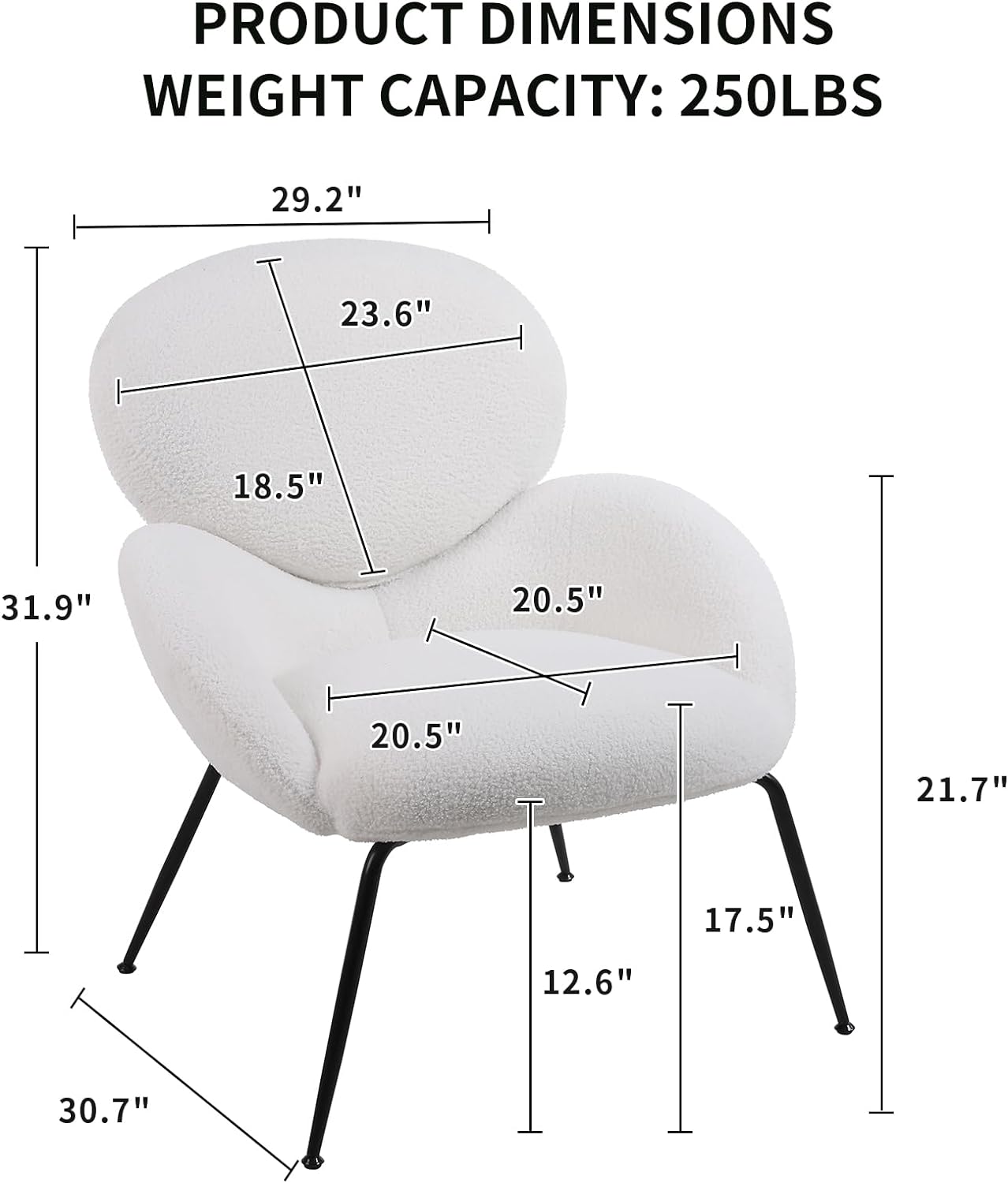 Modern Accent Chair, Teddy Upholstered Dining Chair with Black Metal Legs, Comfy Cute Vanity Chair, Leisure Single Armchair for Living Room, Dining Room, Bedroom (Ivory Teddy)