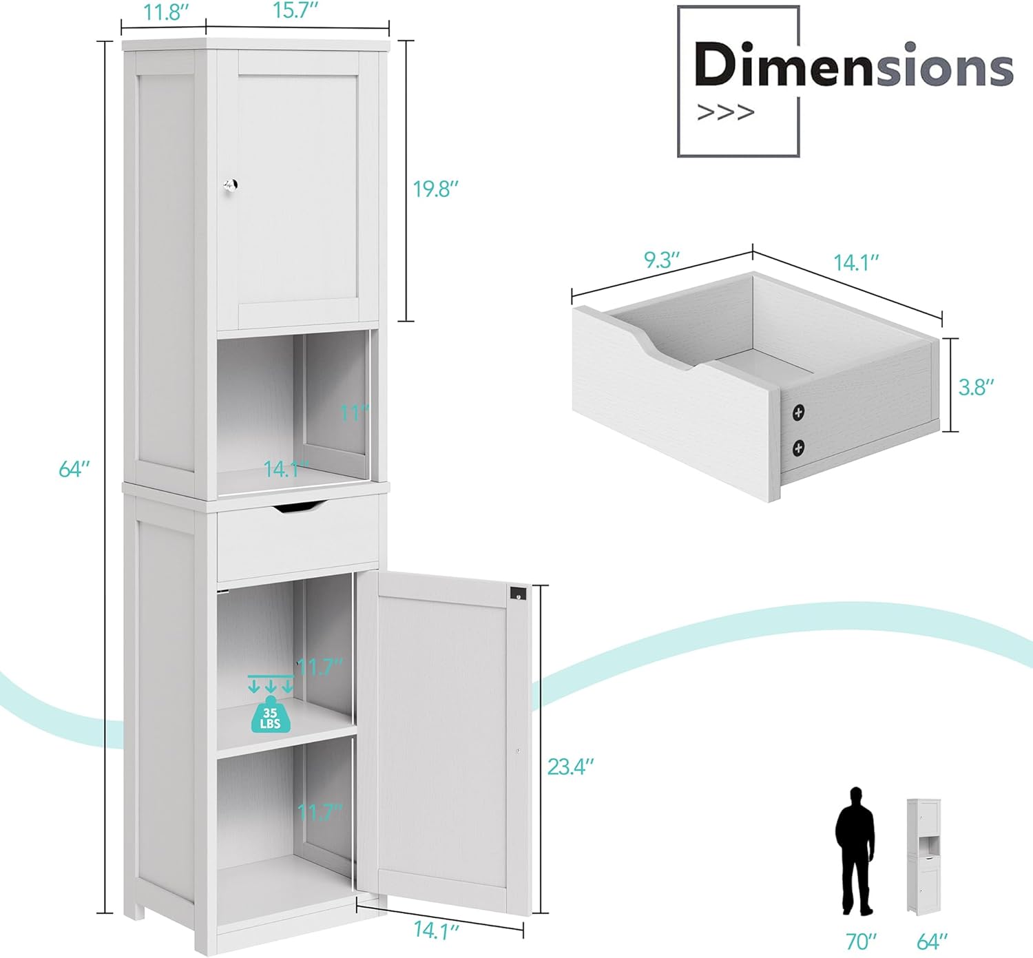 Tall Bathroom Storage Cabinet, 64”H Freestanding Storage Pantry Cabinet, Narrow Cabinet with Adjustable Shelves