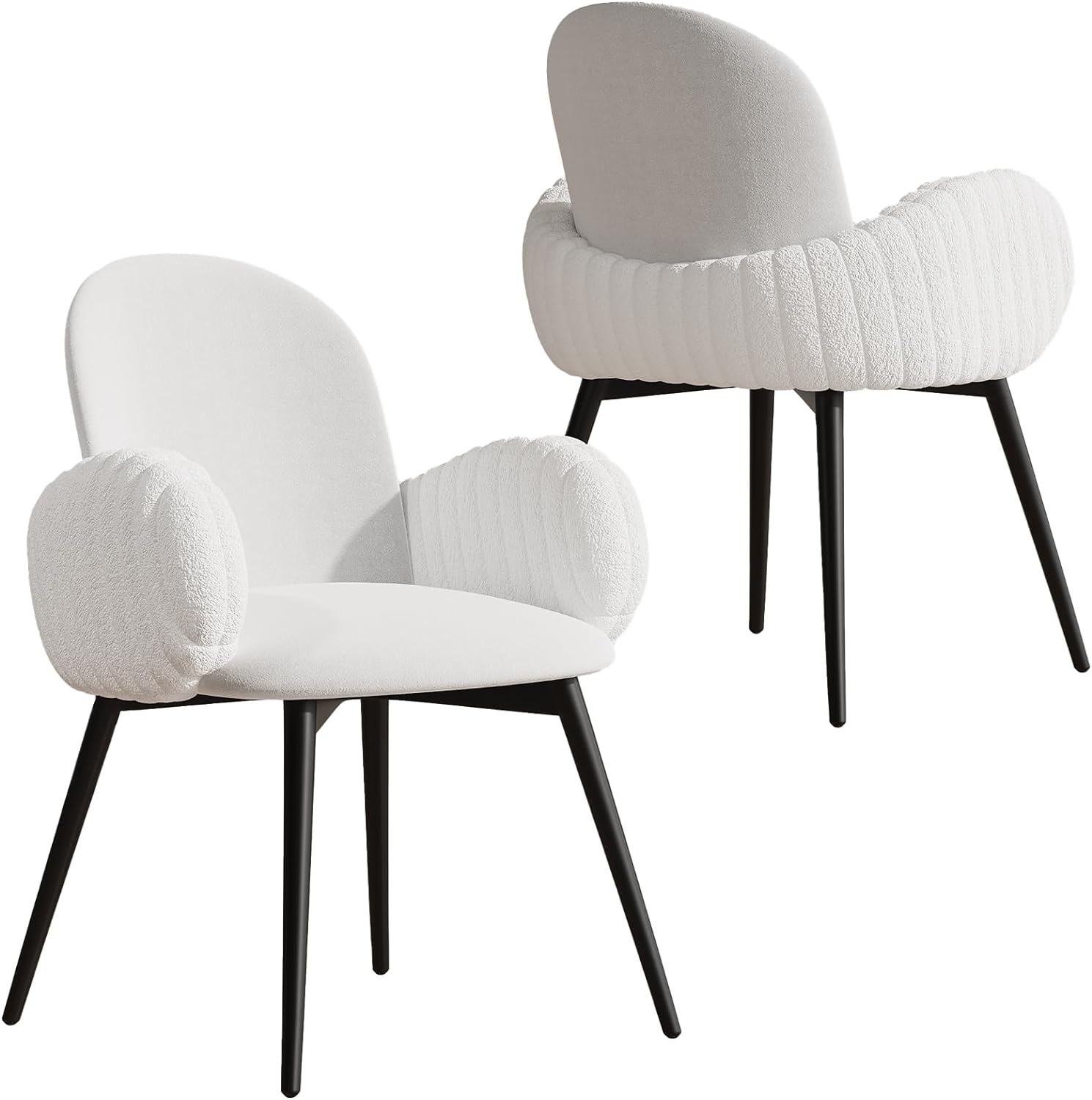 Modern Dining Chairs Set of 2, Chenille and Faux Fur Upholstered Accent Chairs with Tufted Armrest, Side Chair with Metal Legs, Armchairs for Dining Room, Makeup Room (Set of 2)