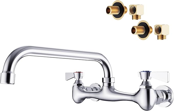 Wall Mount Commercial Sink Faucet with 10” Swivel Spout Polish Chrome Brass Utility Sink Faucet for Kitchen Laundry Restaurant Industrial Compartment Sink（Include 90 Degree Adapters）