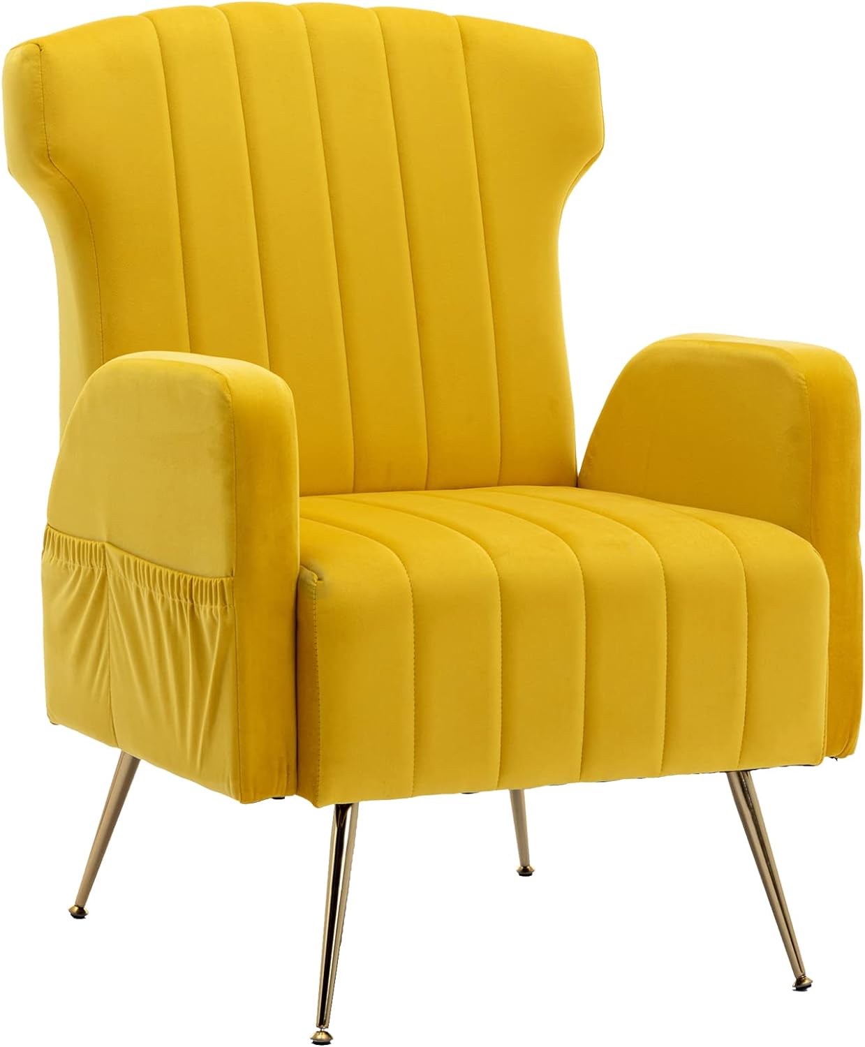 Velvet Wing Back Accent Chair with Metal Gold Legs, Upholstered Armchair, Side Chair, Leisure Single Sofa, Reading Chair for Living Room Bedroom Office (Yellow)