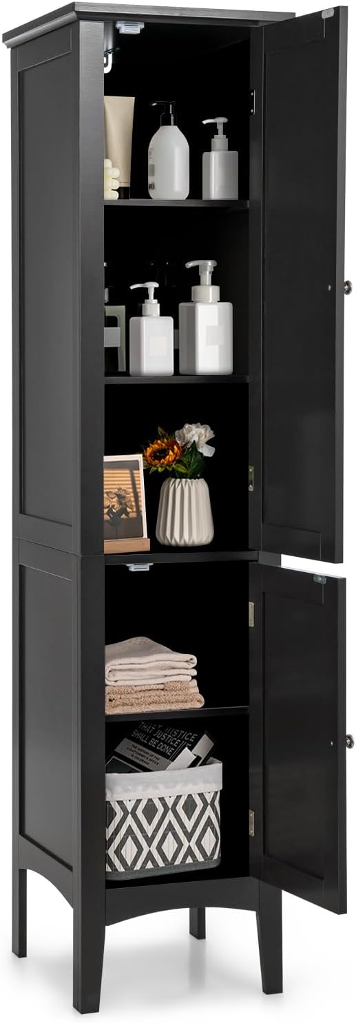 Tall Bathroom Storage Cabinet, 5-Tier Freestanding Linen Tower Cabinet with 2 Doors, Wooden Side Storage Organizer